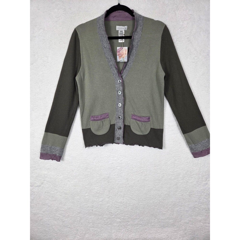Jigsaw Cardigan Sweater Womens M Olive Angora Cashmere‎ Silk Trim Button Front